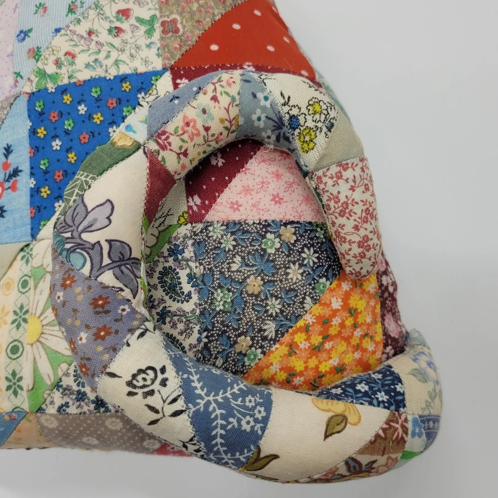 Vintage Patchwork Quilt Cat Pillow Pink Ribbon Cottage Granny Hand Crafted Decor